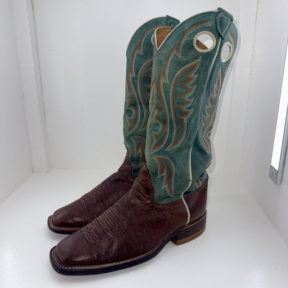 Justin BR320 Bent Rail Men's 8 D Brown Blue Square Toe Cowboy Boots USA Made
